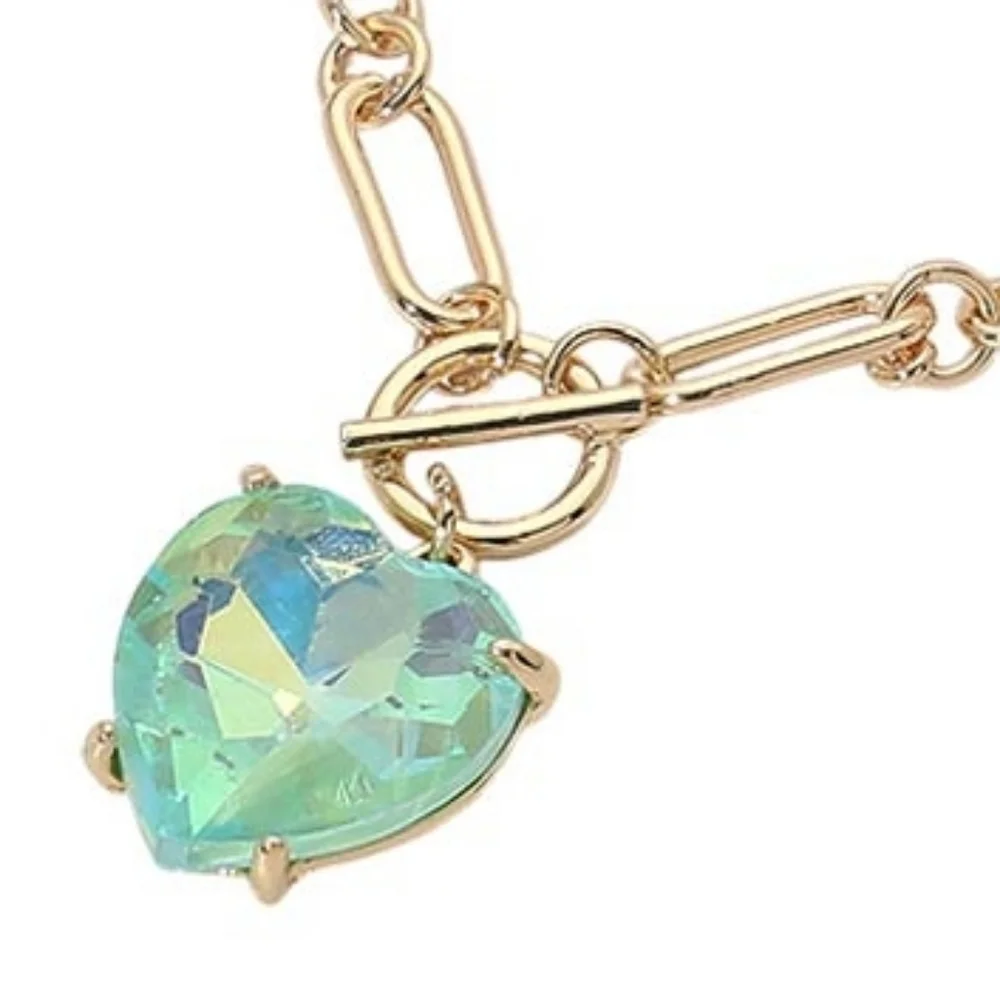 Ab Mint Heart Toggle Paperclip Link Crystal Pendant Necklace Gold Jewelry Chain